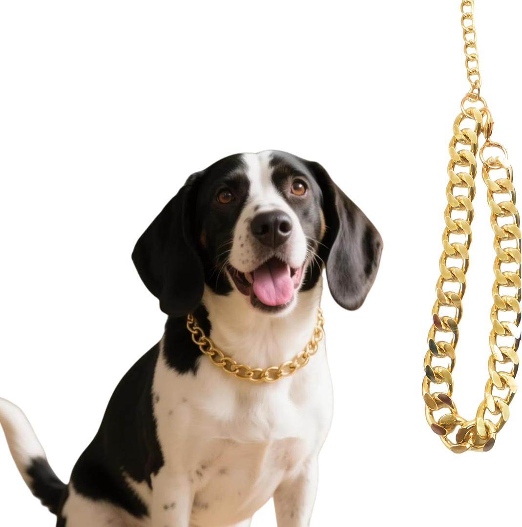 Gold Dog Chain Necklace Collar,Fashionable Cuban Link, Adjustable, Lightweight & Durable Metal Decoration (Gold, 17" (Neck Fits 16"-20"))