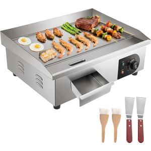 VEVOR Commercial Electric Griddle, 21 x 11.8 inch, 1750W, 122-570F Adjustable Temp Control, Stainless Steel Countertop Flat Top Grill with 2 Spatulas, 2 Brushes and 4 Foot Pads, for Steak, Pancake