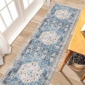 RUUGME Washable Runner Rug 2x7 - Vintage Kitchen Area Rug Stain Resistant Rugs for Living Room Bedroom Laundry Room Mat Distressed Rug Hallway Floor Carpet Runner for Bathroom 2'x7' Aqua Blue