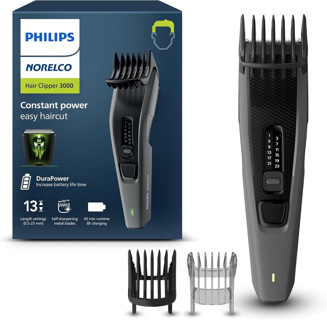 Philips Norelco Hair Clipper 3000 Series, Hair and Beard Trimmer, Trim-and-Flow Technology, DualCut Technology, DuraPower, 13 Length Settings, 45 Min. Runtime, Zero Maintenance, Model HC3525/40 (Gray & Black)