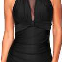 Tempt Me Women One Piece Swimsuit High Neck Plunge Ruched Tummy Control Bathing Suit (Large, Black)