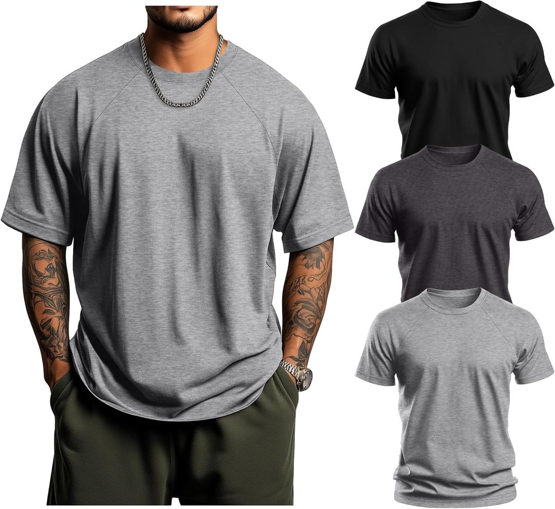 Huukeay 3 Pack Men's Big & Tall Short Sleeve Shirts, Cotton Plus Size Crew Neck Tees Basic Moisture Wicking Summer Solid Tops (4X-Large, Black, Dark Mix Gray, Light Mix Gray)