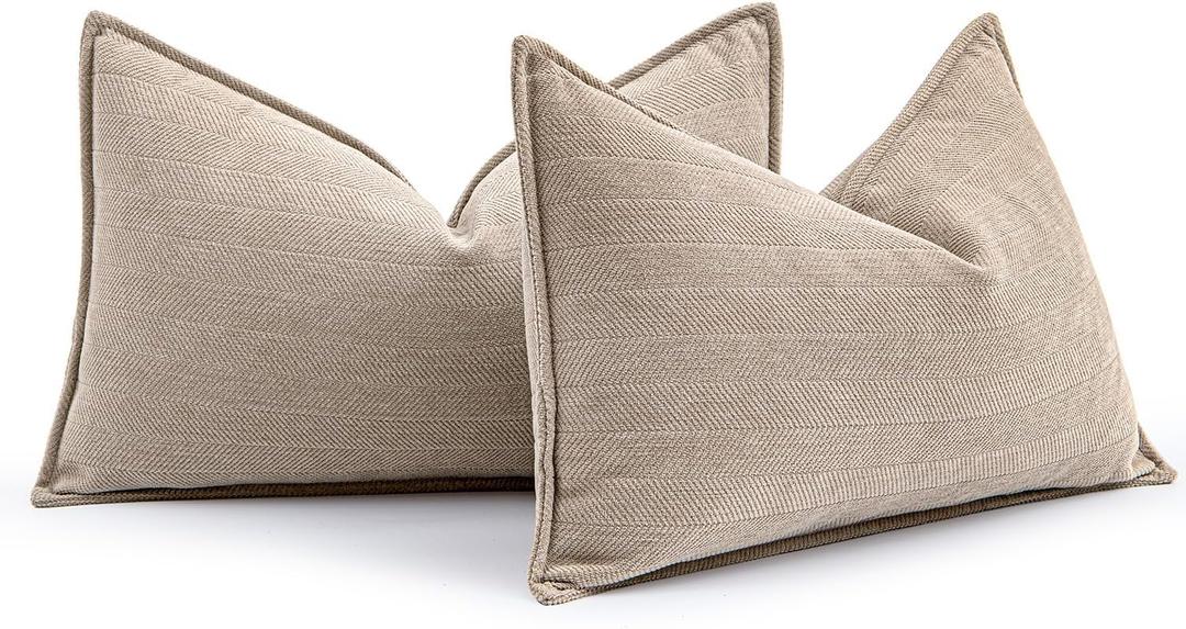 MIULEE Pack of 2 Beige Decorative Lumbar Pillow Covers 12x20 Inch Soft Chenille Luxurious Couch Throw Pillows Farmhouse Cushion Covers with Elegant Design for Sofa Bedroom Living Room Spring Decor