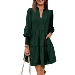 Imily Bela Womens Fall Long Sleeve Tunic Dress Casual V Neck Loose Ruffle Tiered Dress, Dark Green, L