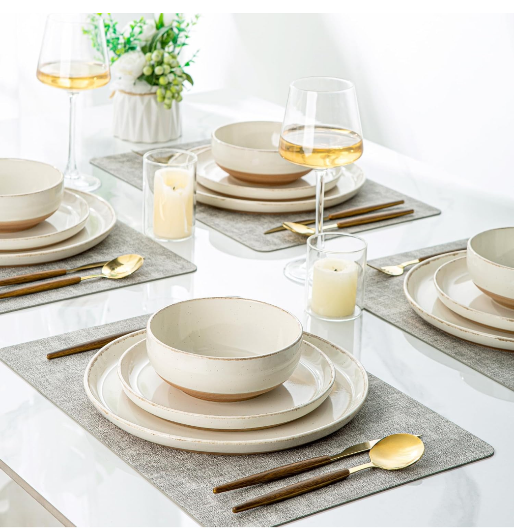 AmorArc Ceramic Dinnerware Set for 4, 8 Pieces Handpainted Plates Set with Rustic Terracotta Underside, Scratch Resistant Stoneware Dishes Set, Dishwasher & Microwave Safe, Beige