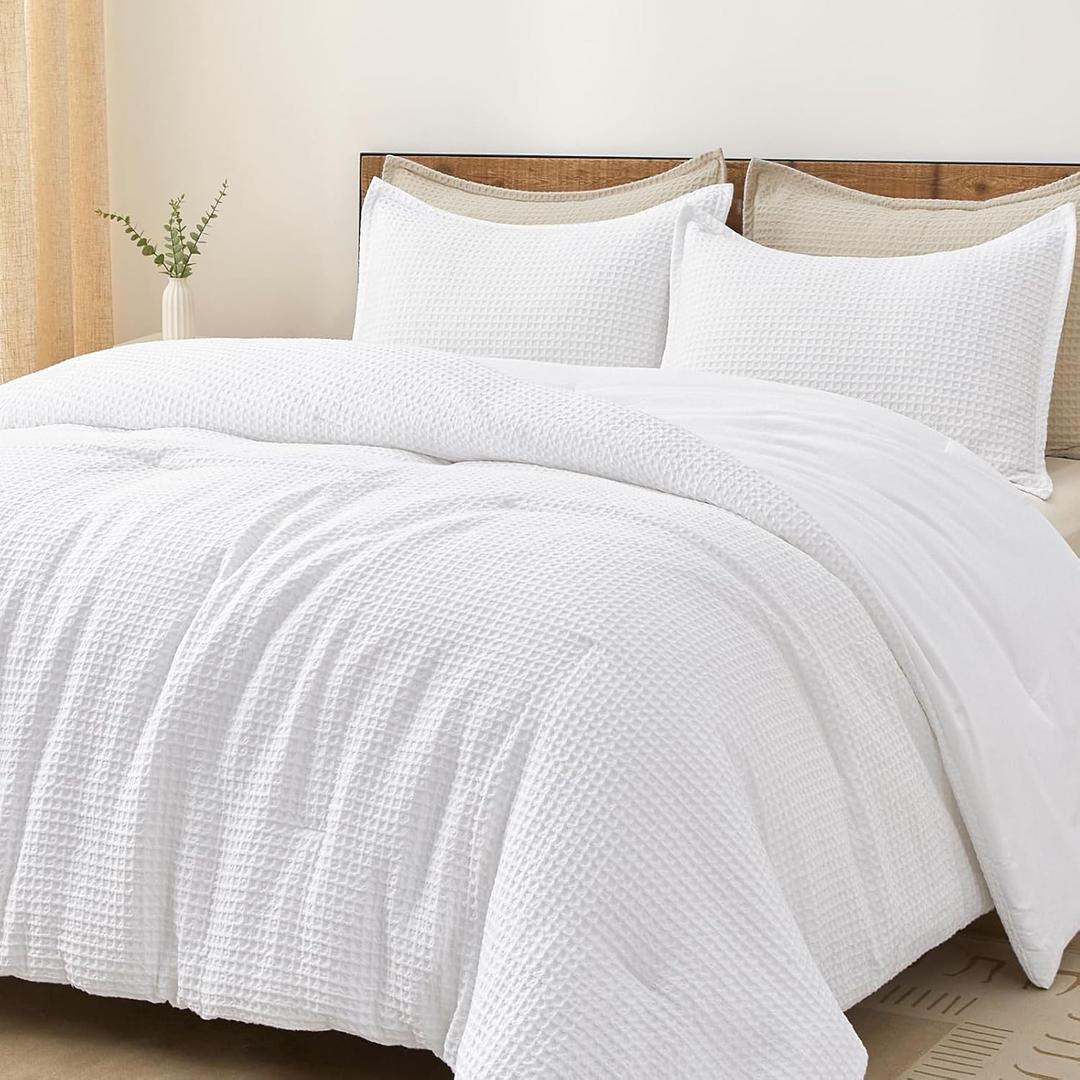 PHF Ultra Soft Waffle Weave Comforter Set California King Size, 3 Pieces Lightweight Breathable Comfy Bedding Set, Comfy Textured 1 Comforter with 2 Pillow Shams, White