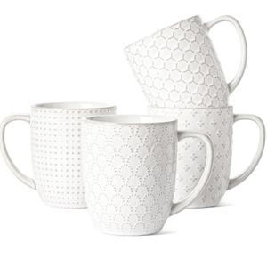 LE TAUCI Coffee Mugs 16 oz,Ceramic Mug Set, Embossment Cups for Latte, Hot Tea, Cappuccino, Mocha, Cocoa, Dishwasher Safe, Suit For Housewarming Wedding- 3.8 inch, Set of 4, Arctic White