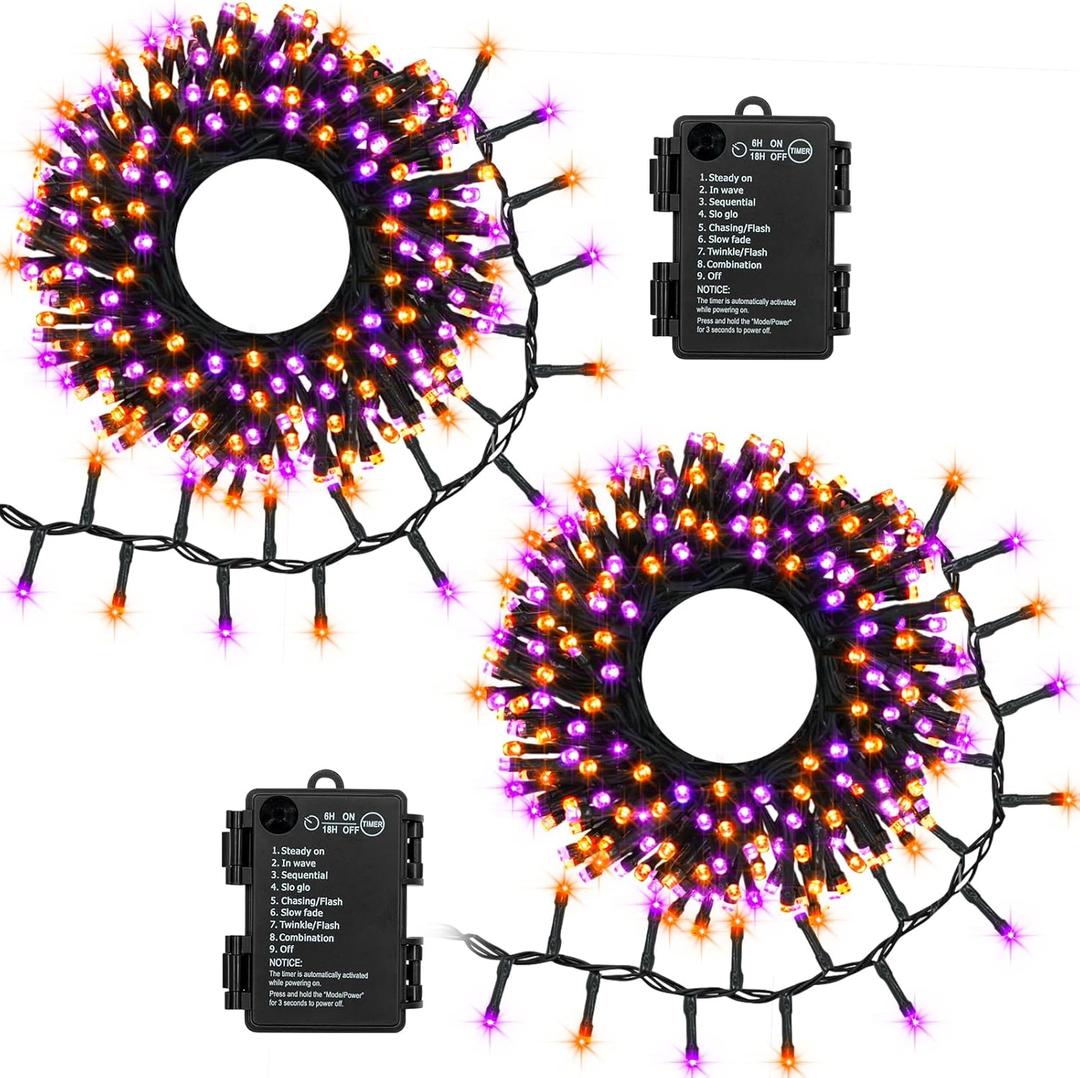 Purple Orange Halloween String Lights Battery, Total 20Ft 400 LED Cluster String Lights with Timer 8 Modes Firecracker Lights Outdoor Waterproof for Tree Home Decor