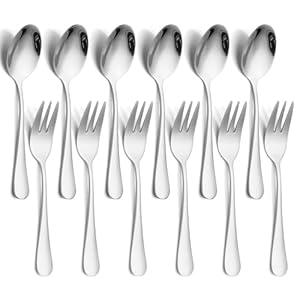 12 PCS Spoon and Forks Silverware Set, Stainless Steel Flatware Cutlery Set, 6 Forks (5.35 inch), 6 Spoons(5.25 inch), Mirror Polished, Dishwasher Safe