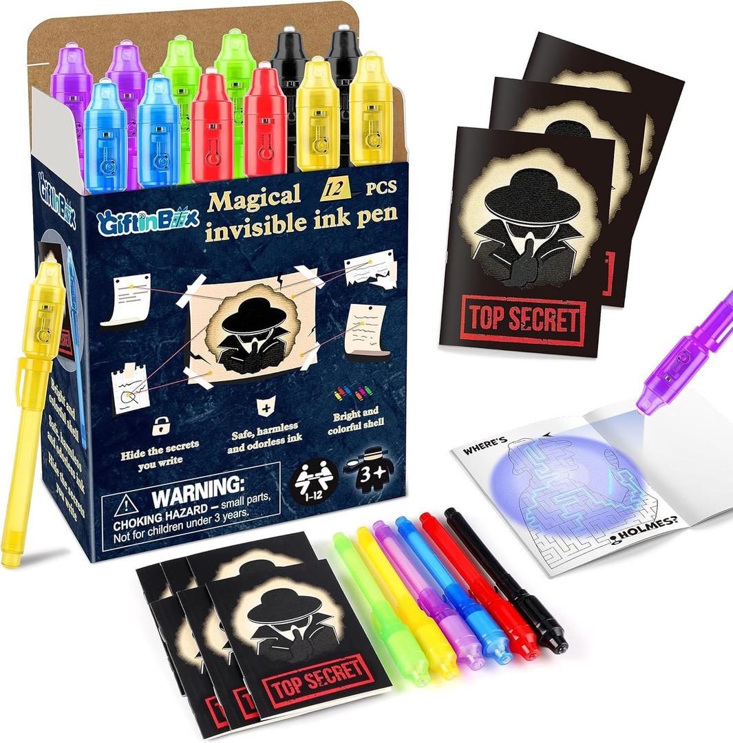 GIFTINBOX Invisible Ink Pens with UV light for Kids, Spy Pen Party Favors for Kids 8-12, 12 Pack Invisible Ink Pen and Notebook, Magic Marker for Secret Message Birthday Party Favors for Kid 4-8 (Spy-themed Notepad)