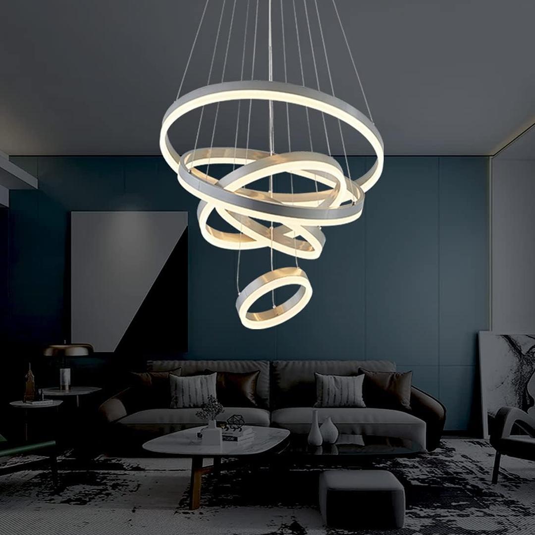 Modern Chandelier, Dimmable 5 Rings Chandelier Light Fixture Luxury Big LED Chandelier for High Ceiling Living Room Foyer,Contemporary Acrylic Modern Led Pendant Light Fixtures with Remote Controller, D23.6"-5r