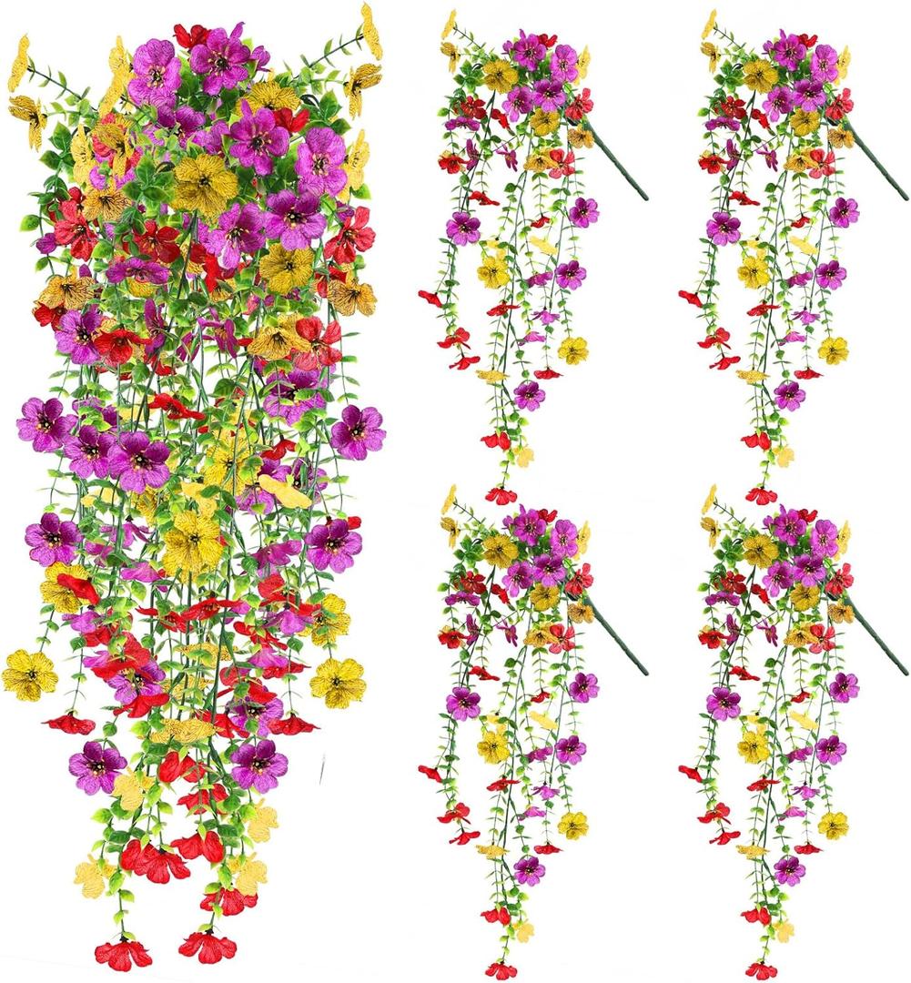Artificial Fake Hanging Flowers Plants for Outdoor Spring Summer Decoration, 4pcs Faux Silk Realistic UV Sun Resistant Daisy for Outside Porch Patio Window Box Yard Home Decor (Colorful Mix)
