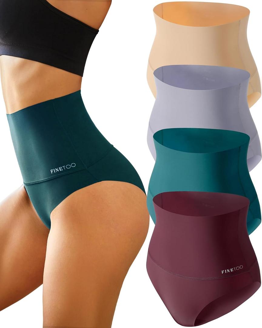 FINETOO Tummy Control Underwear for Women High Waisted Nylon Brief No Show Womens Bikini Seamless Panties 4pack S-XXXL (Large)