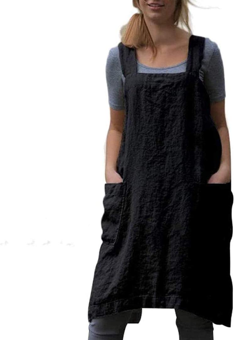 Women's Pinafore Apron Cross Back Apron with Pockets Cotton Linen Apron Dress Plus Size (X-Large, Black)
