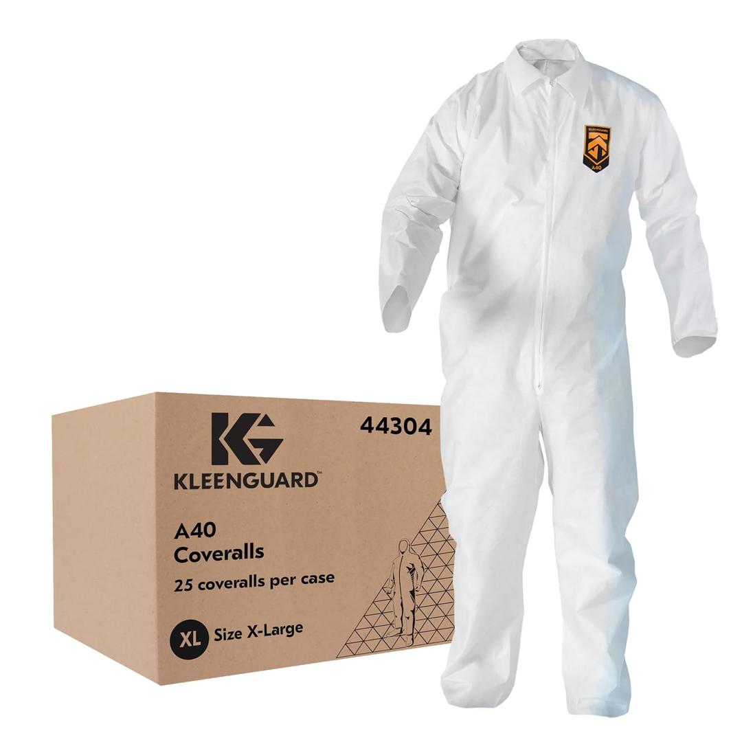 KleenGuard A40 Liquid & Particle Protection Coveralls (44304), Zipper Front, White, S (Qty 25)