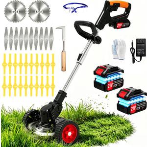 21V Electric Weed Wacker Cordless Weed Eater Battery Powered String Trimmer | Battery Operated 3-in-1 Lightweight Grass Trimmer/Brush Cutter/Lawn Edger with Wheels & Metal Blade for Yard and Garden