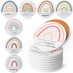 Set of 24 Thank You Appreciation Coasters Set, Ceramic Absorbent Drinks Coasters with Cork, Water Absorbent Cute Cup Mat Gifts for Teacher Employee(Fresh Style,Set of 24)