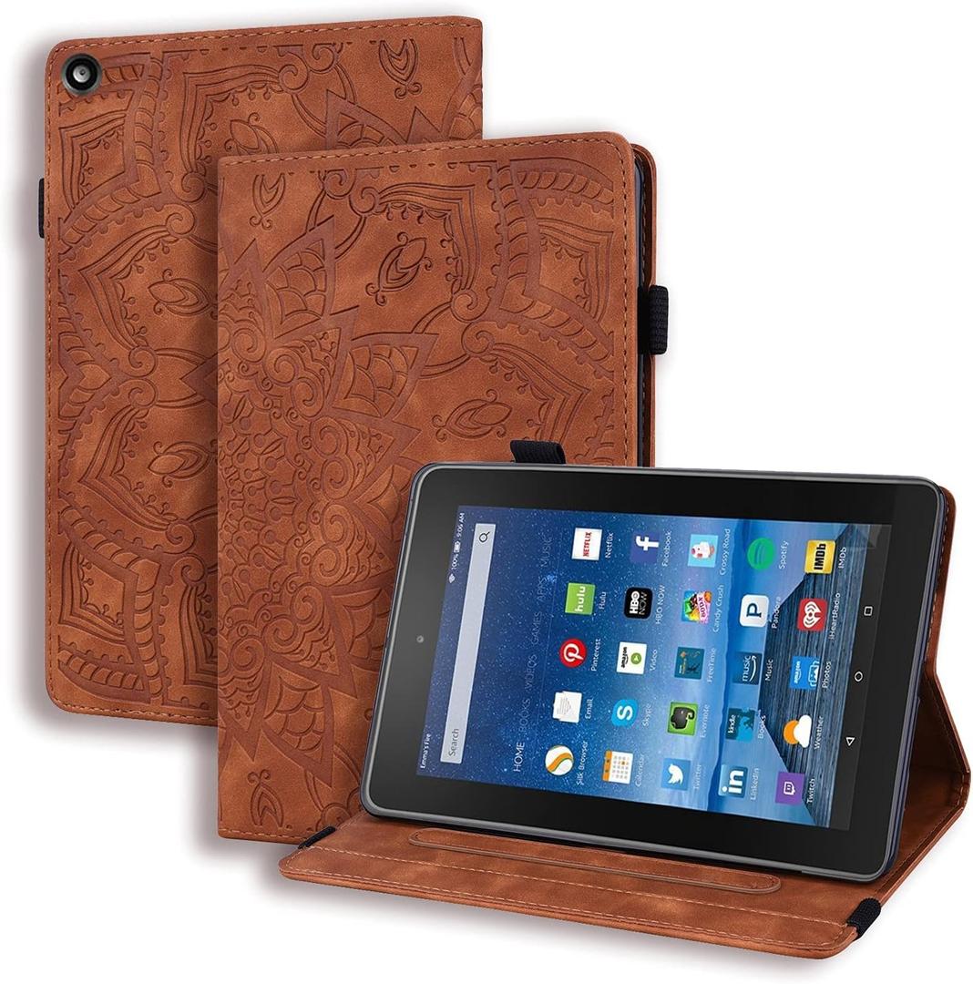 Folio Case for Fire HD 8.0" 2015/2016/2017/2018, Techcircle PU Leather Stand Soft TPU Back Cover Slim Fit Mandala Embossed Case with Card Holder for Kindle Fire HD 8 8th/7th/6th/5th Generation, Brown