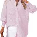 Women's Striped Button Down Shirts Long Sleeve Smocked Cuffed Oversized Boyfriend Blouses Collared Work No Pockets Tops (Pink, XL)