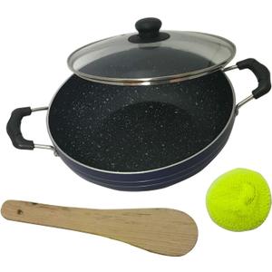Deep Kadhai Induction Base Non-Stick Kadai with Glass Lid Frying Wok Flat Bottom Non Stick All Purpose Pan Aluminum Kadhai Deep Fry Pan 2.2 litre