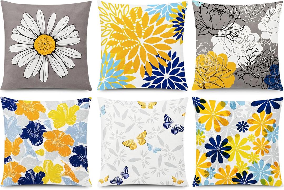 COMMINY Yellow Blue Pillow Covers 18x18 Set of 6, Daisy Flower Throw Pillow Cover Case Rustic Square Cushion Cover for Sofa Bedroom Living Room Farmhouse Home Decor