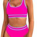 BMJL Women's High Waisted Bikini Sets Sporty Two Piece Swimsuits Color Block Cheeky High Cut Bathing Suits Large
