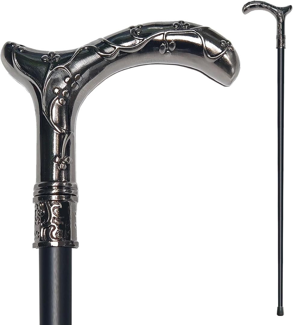 Walking Cane for Men & Women - Heavy Duty 500+ lbs Capacity, Gothic Decorative Ornate Metal Cane with Ergonomic Handle, Black & Silver Design Walking Stick for Senior