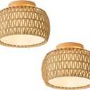 2 Packs Boho Rattan Flush Mount Ceiling Lights 12 Inch Farmhouse Ceiling Light Fixtures Rustic Wicker Hand Woven Rope Cage for Dining Room Kitchen Bedroom Foyer Hallway Entryway