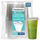 Freshware 24 oz Clear Disposable Plastic Cups with Strawless Sip Lids, 100 Pack Clear Plastic Tumblers, Heavy-duty Party Glasses, Disposable Cups for Thanksgiving, Halloween, Christmas Party