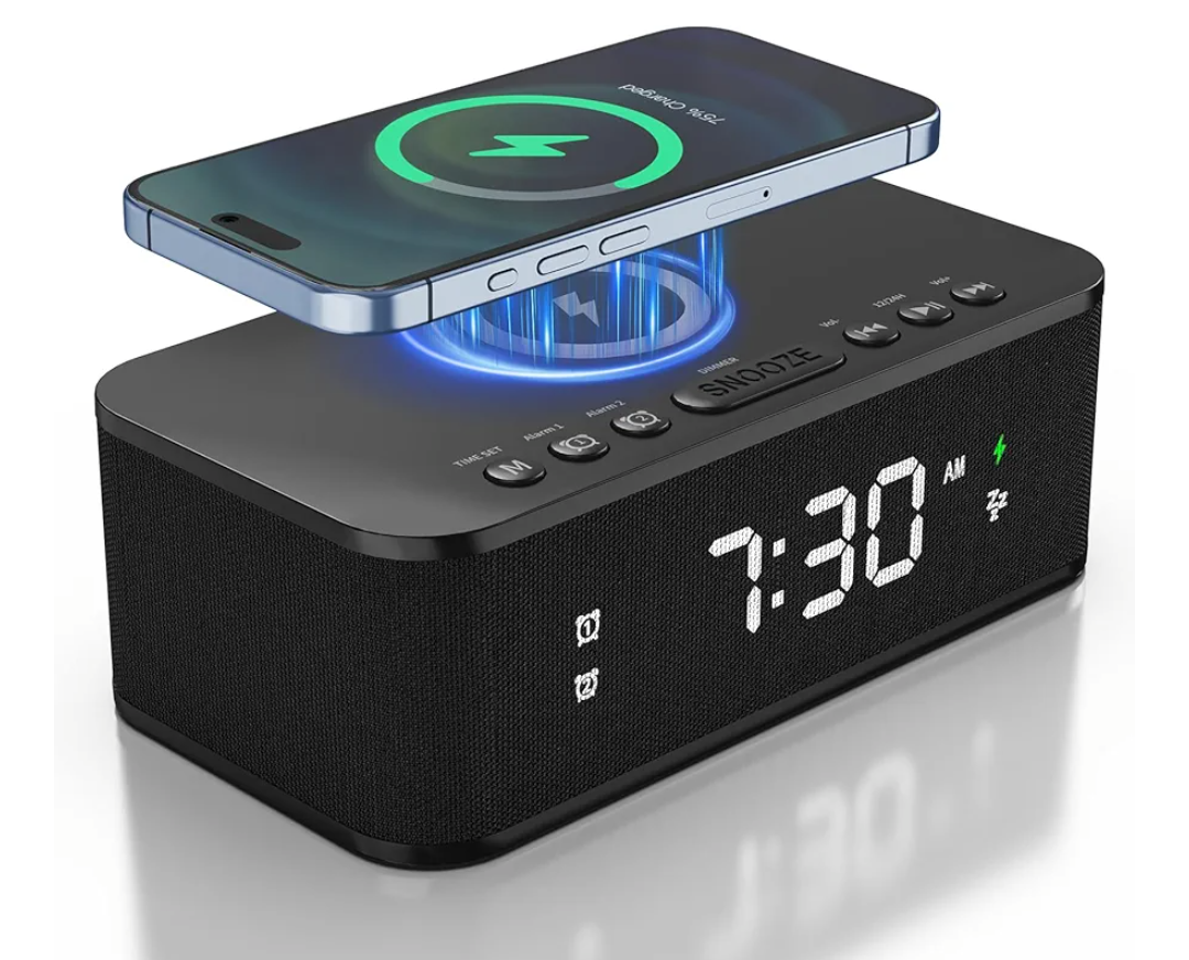 Digital Alarm Clock White Noise, Loud Digital Alarm Clocks Bedrooms, Alarm Clock Speaker Wireless Charger AUX USB Bluetooth Speaker 12/24H Dual Alarm Snooze Adjustable Brightness, Black