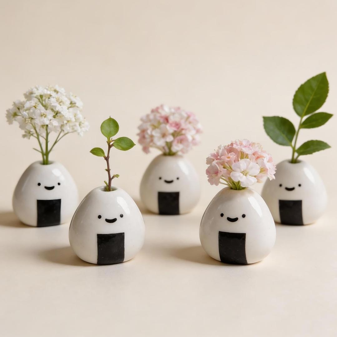 MOUGIGI 5 PCS Mini Flower Vase, Handmade Ceramic Rice Ball (Japanese Onigiri) Miniature Vases, Charming and Cute Design, Perfect for Dry Flowers - Bulk Bud Vases, Unique and Adorable Japanese Craft