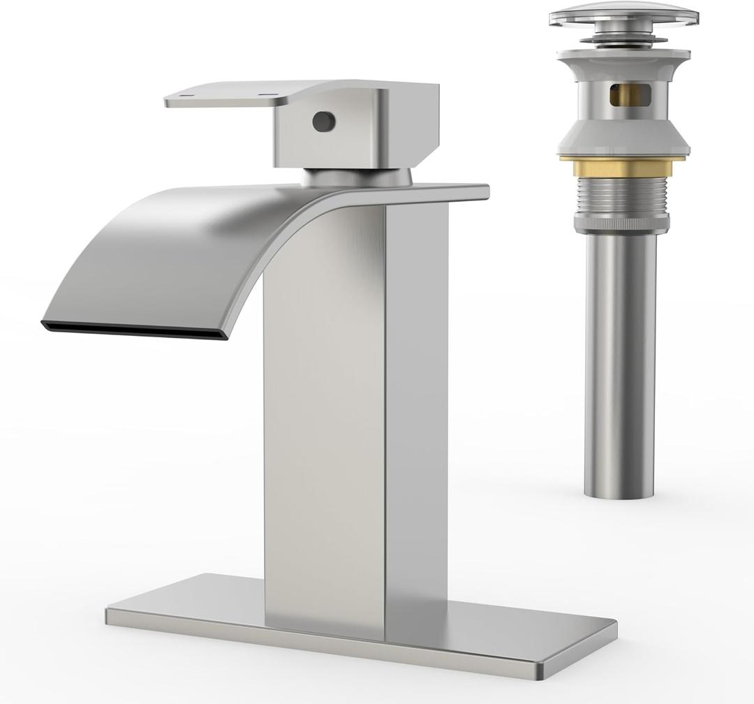RUACQ Waterfall Bathroom Faucet,Single Handle Bathroom Sink Faucets for 1 or 3 Hole, Stainless Steel Washbasin Mixer Tap with Deck,Pop-up Drain and Supply Hoses (Brushed Nickel)