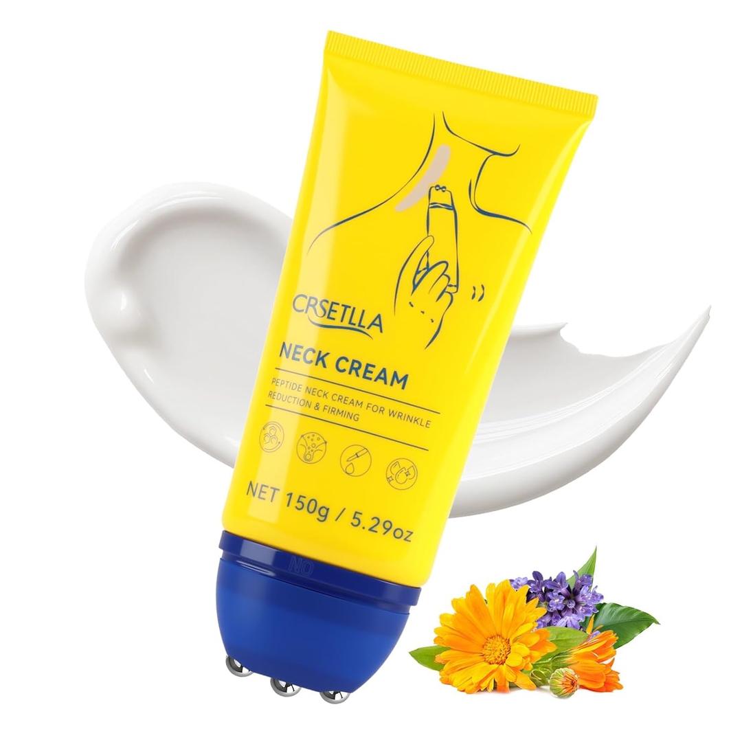Neck Firming Cream with Roller - Infused with Peptides, Collagen, Hyaluronic Acid & Ceramides, Anti-Aging Neck & Chest Cream to Smooths Wrinkles and Fine Lines (5.29 Ounce (Pack of 1))
