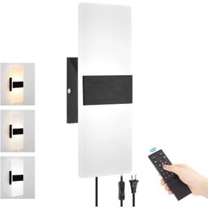 Plug in Wall Sconce with Stepless Adjustable 3000K-6500K Colors and 10%-100% Brightness, 12W Acrylic LED Wall Light with Remote, Hardwire or Plug-in (1 Pack, Black)