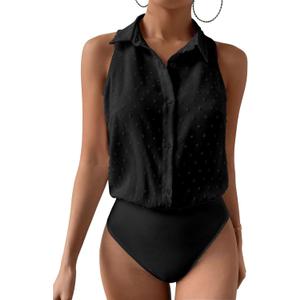 MakeMeChic Women's Dressy Bodysuit Shirt Collared Swiss Dots Sleeveless Button Down Tank Tops Black Small MakeMeChic Women's Dressy Bodysuit Shirt Collared Swiss Dots Sleeveless Button Down Tank Tops Black Small