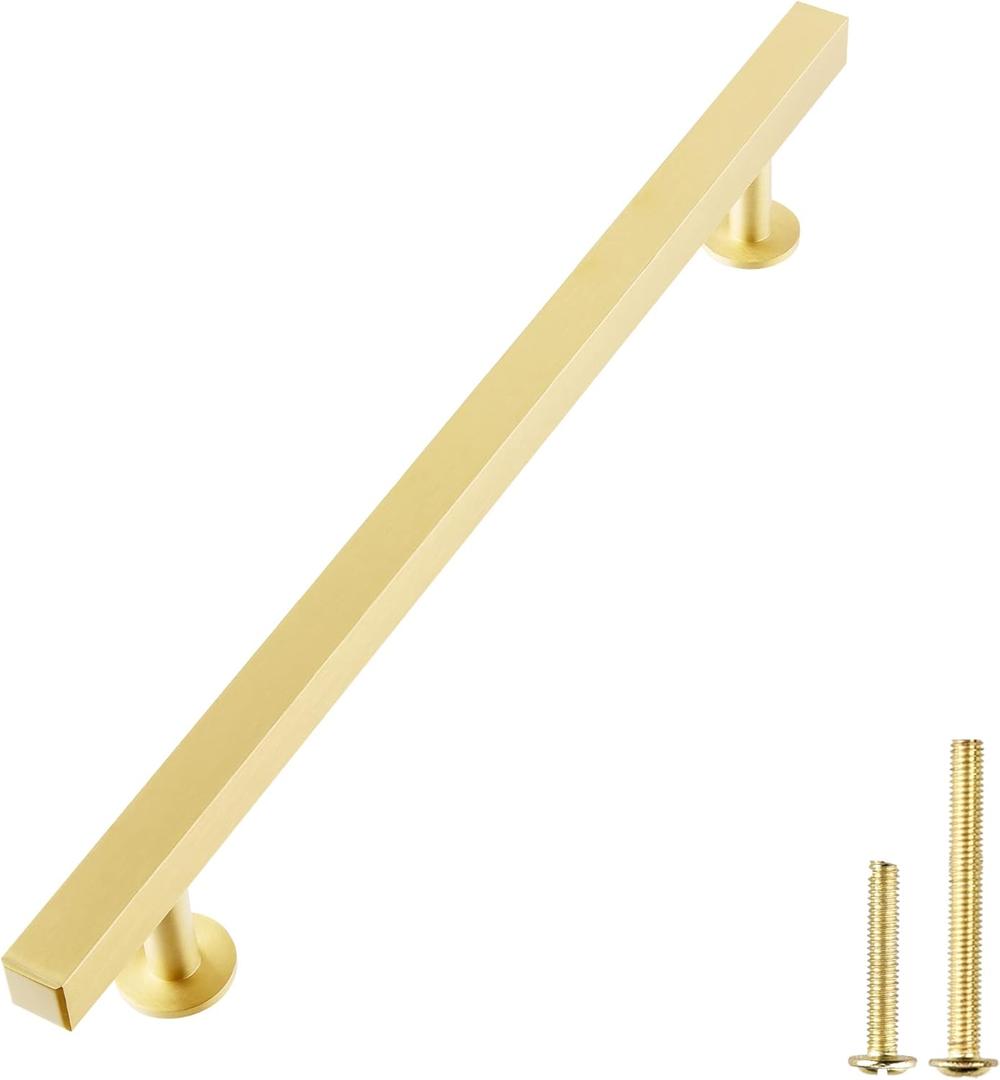 QOGRISUN 2-Pack Solid Brass Cabinet Handles, Gold Square T Bar Cabinet Pulls,8-3/4 Inch Hole Center for Kitchen Dresser Drawer Cupboard, Brushed Brass Finish