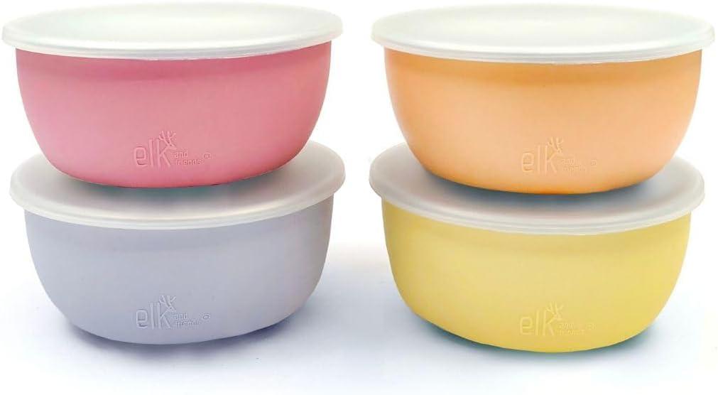 Elk and Friends Stainless Steel Bowls + Silicone Sleeve and Storage Lid | Baby, Toddler, Kids | Cereal & Snack Bowls | Storage Containers | Dishwasher Safe | 4 Pack (Blush/Lilac/Lemon/Peach)