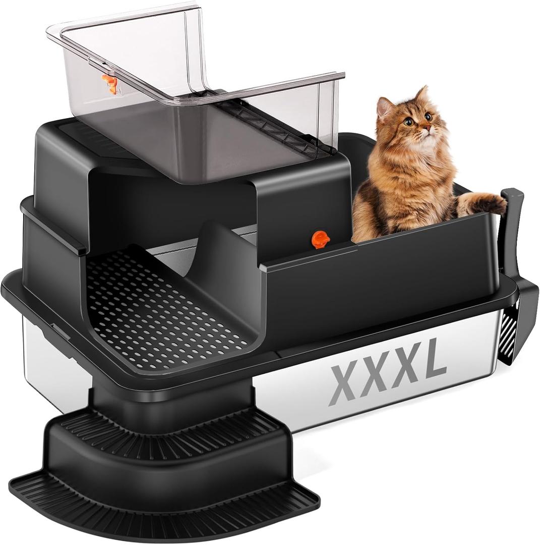 XXXL Stainless Steel Litter Box, 28"x20"x18" Extra Large Fully Enclosed High Sided Metal Cat Litter Box with Filtered Grid, Step, Scoop, Non-Sticky, Non-Odor, Easy Cleaning (Black)
