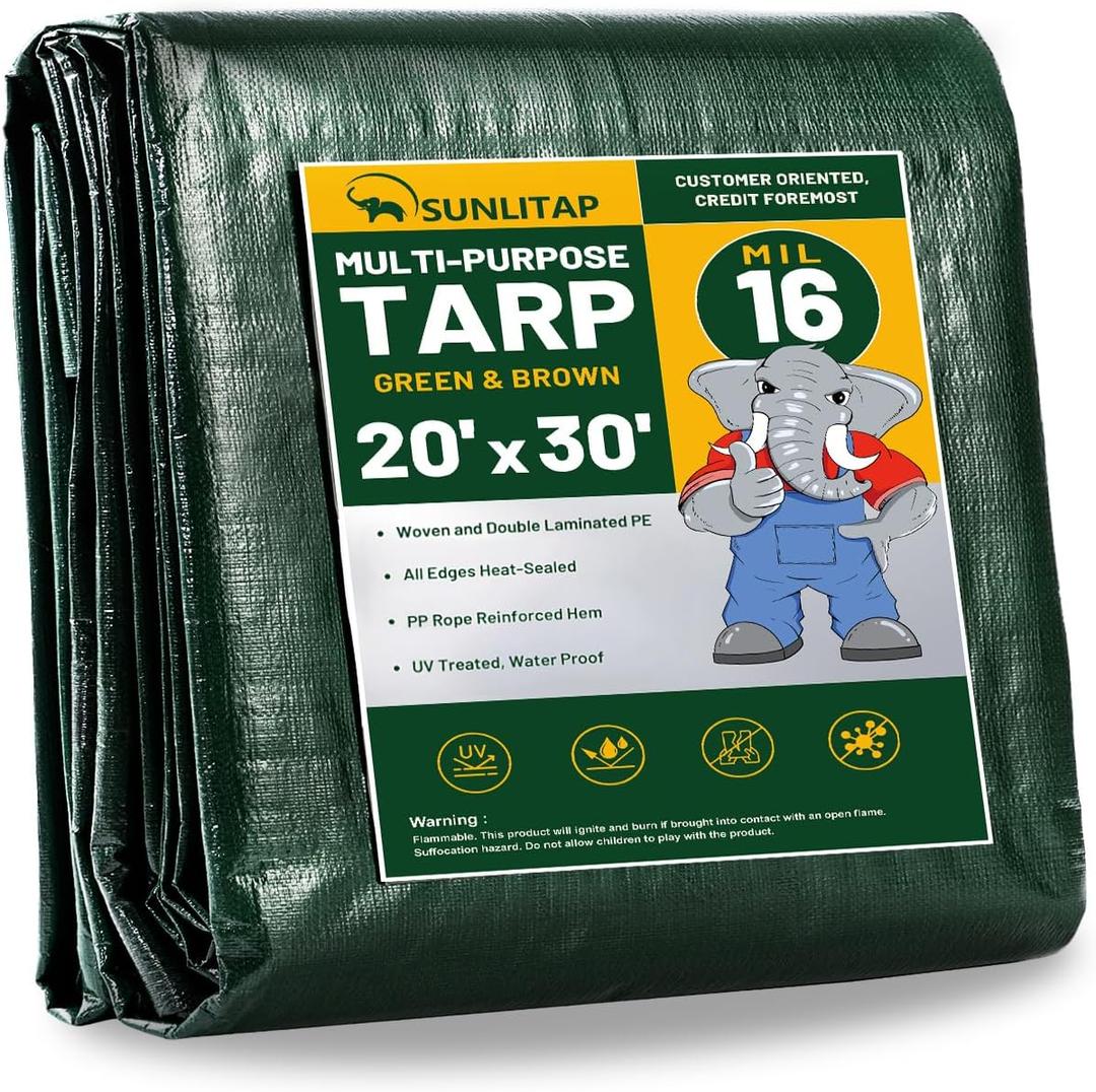 16 Mil Heavy Duty Waterproof Tarps, 20x30 Ft Finished Size Tarps, Premium Tarp with Metal Grommets & Reinforced Edge, Multipurpose Thick Poly Tar for Car, Boat, Roof, Camping - Green (20x30Ft, Green-16 Mil Heavy Duty)