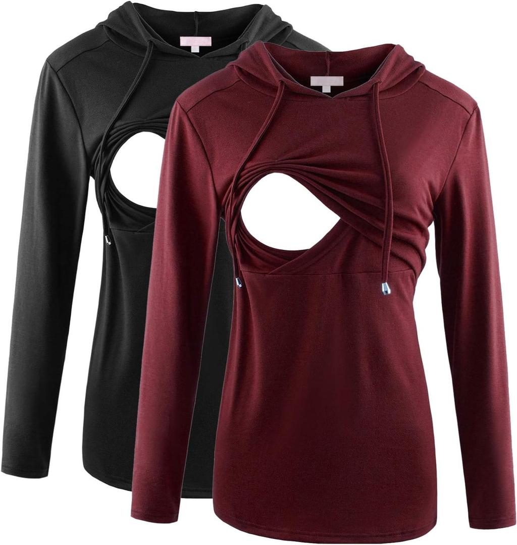 Bhome Nursing Shirt Long Sleeves Hoodie Breastfeeding Top Sweatshirt (X-Large, Burgundy/Black)