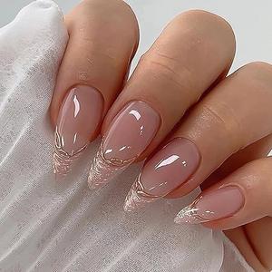MISUD Press on Nails - Medium Almond Glue on Nails with Chrome, Acrylic French Tip Design 24 pcs