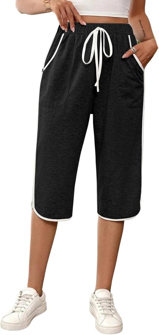 SOFIA'S CHOICE Women's Contrast Binding Capris Pants Cropped Jogger Sweatpants with Pockets Black Large
