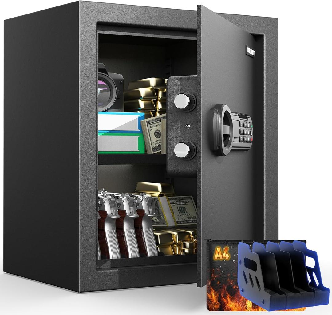 2.3 Cu.Ft Modern Fireproof Safe with Gun Rack  Dual Passwords, Fireproof Bag, Adjustable Shelf, Anti-Scratch Mat & Mounting Kit, Fits Laptop, Documents & Valuables, 15.75"D x 13.78"W x 13.78"H