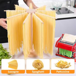 Large Wood Pasta Drying Rack, 9-Arm Spaghetti and Noodle Dryer Stand, Collapsible Design for Easy Storage, Natural Wooden Finish, Fast Drying & Non-Stick Fresh Pasta Hanger