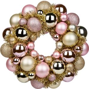 Christmas Ball Wreath 13" Xmas Wreaths Ornaments Glitter Thicken Shatterproof Garland Decoration for Door Wall Mantel Holiday Party Decor, Champagne Gold & Pink