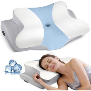 Cervical Neck Pillow for Pain Relief - Ergonomic Pillow Side Sleeper Pillow for Sleeping, Orthopedic Memory Foam Pillow for Neck Support, Contour Cervical Pillow Bed Pillow for Back Stomach Sleepers (White & Blue)