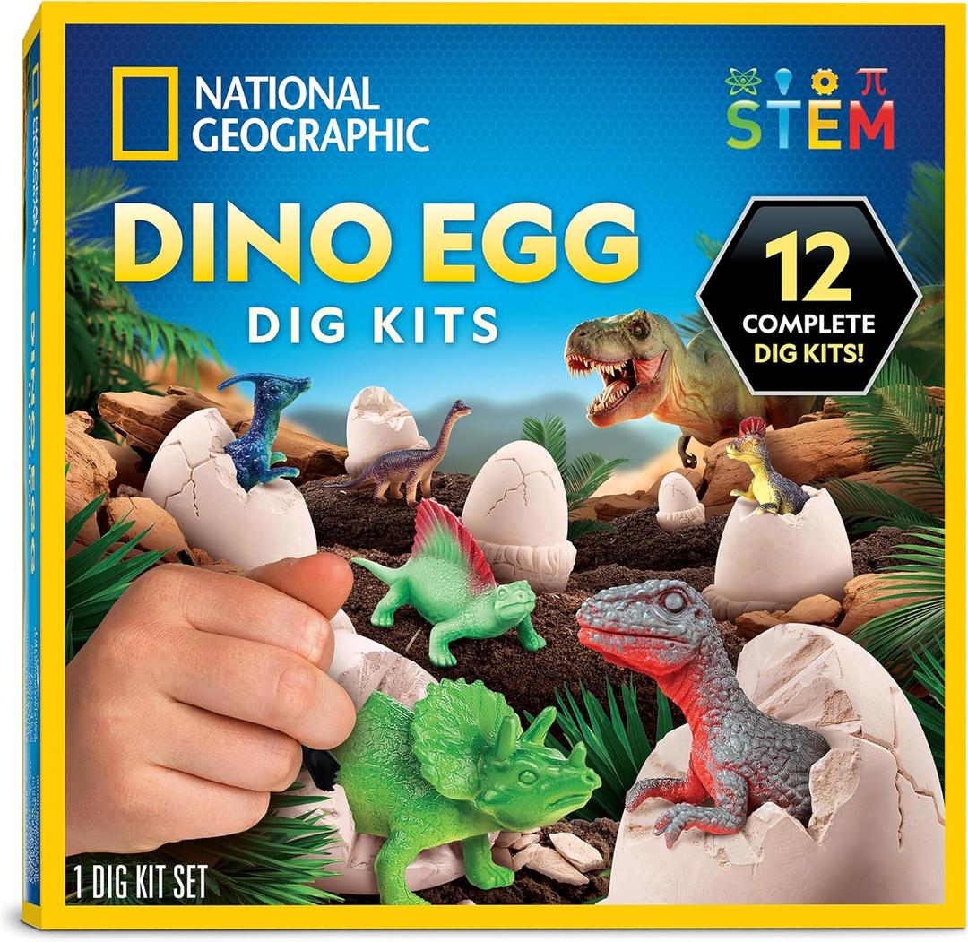 National Geographic Dinosaur Dig Kit - 12 Dino Shaped Dig Bricks with Dinosaur Figures Inside & Excavation Tool Sets, Egg Hunt or Dig Party Activity, Great STEM Toy for Boys & Girls