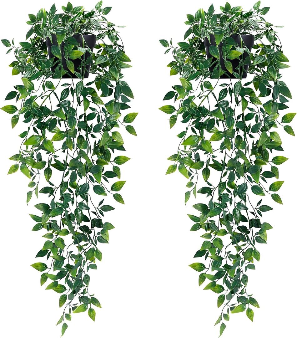 Waipfaru 2Pcs Fake Hanging Plants with Pot Deep Green Eucalyptus Leaves UV Resistant Fake Vines Ivy Artificial Plants Outdoor Faux Plants Indoor Bedroom Living Room Boho Wall Porch Shelf Decor