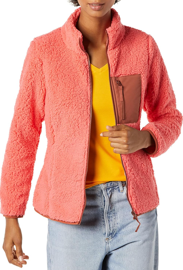 Amazon Essentials Women's Sherpa Long-Sleeve Mock Neck Full-Zip Jacket with Woven Trim (Plus Size)X XL