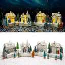 Tuanse 15 Pcs Christmas Village Accessories Set 4 LED Lighted Village Houses 10 Frosted Trees 3.5 oz Fake Snow for Christmas Collection Tabletop Mantel Shelf Indoor Room Decor (Elegant)